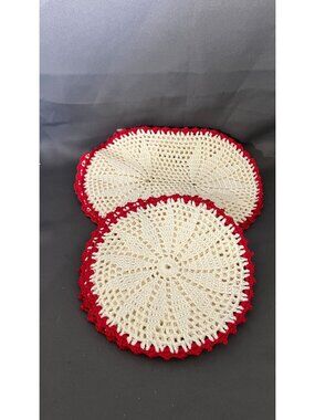 Handmade Crochet Doilies With Red Trim Set Of Two Vintage